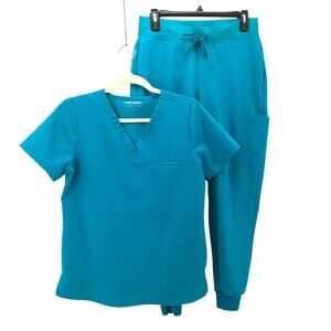 Mandala Scrubs Set Peacock Teal Green V neck Top & Jogger Bottom Nursing Small S